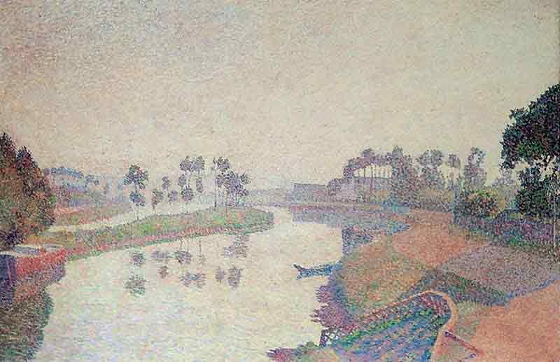 Neo-impressionist view of the banks of the Oise river at Pontoise with small boat to left and wooden fence to right of painting.