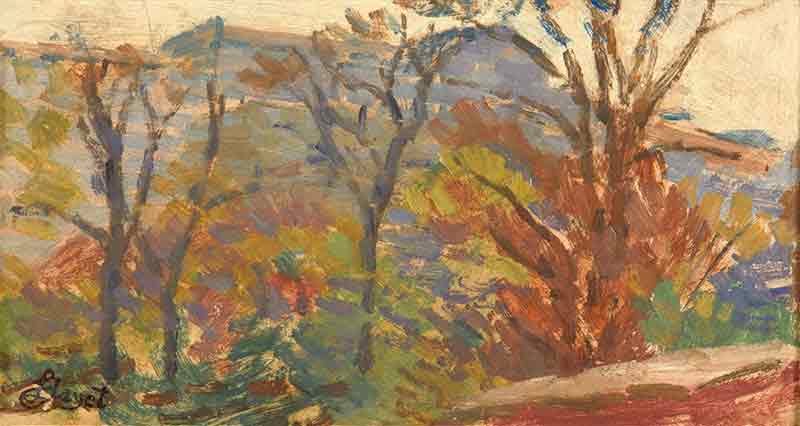 Plein air view of a landscape with autumnal trees and buildings on the hill in the background.