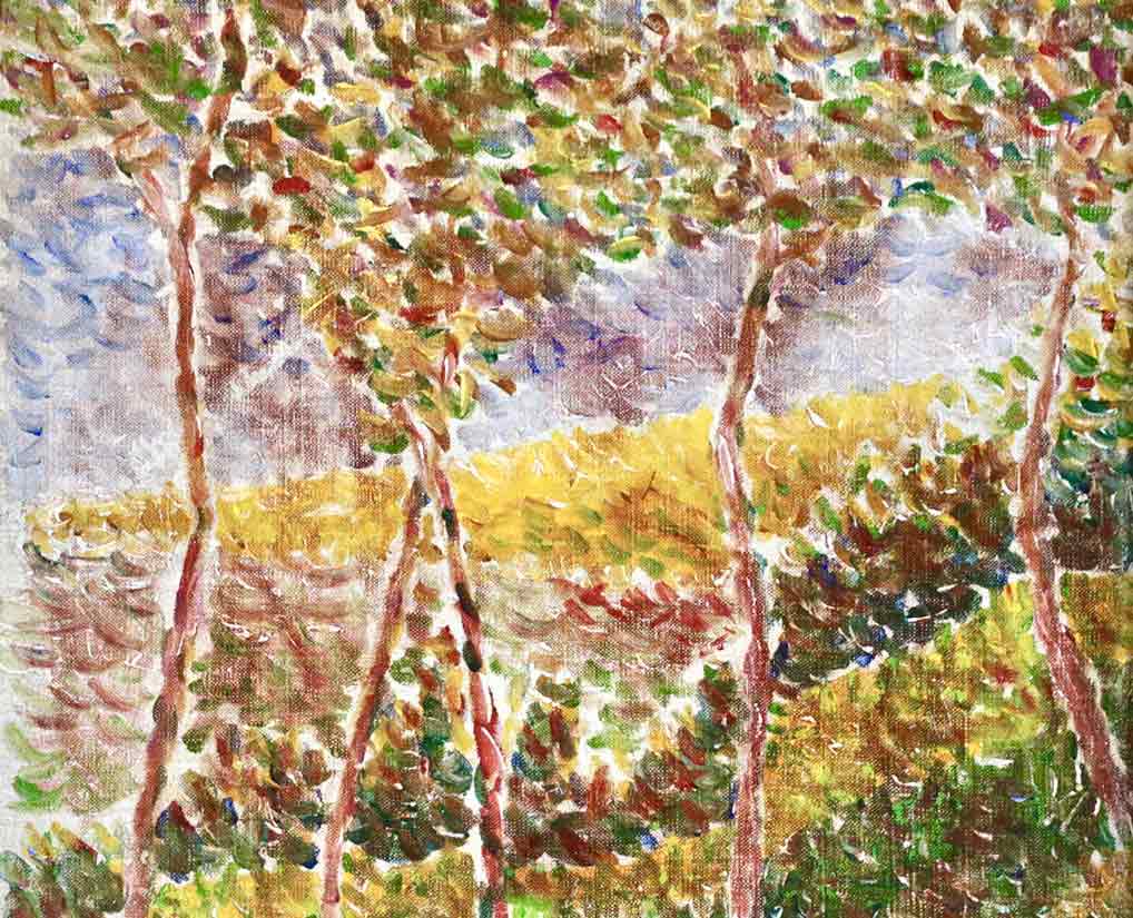 Trees painted in a neo-impressionist style of dots of colour - mainly greens and browns.