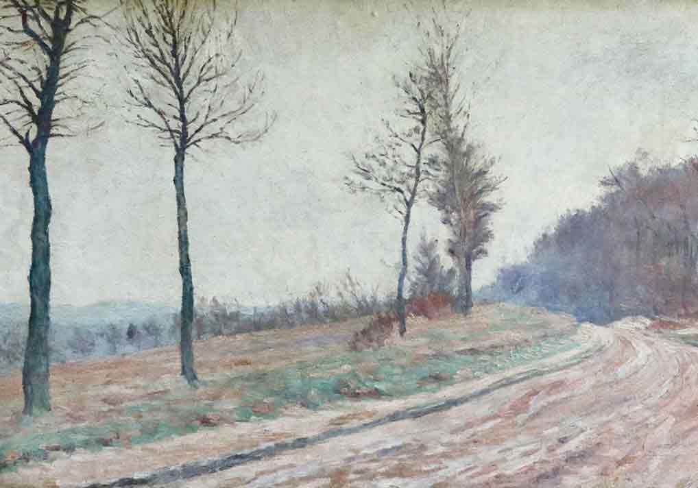 Winter scene of a country lane with bordering trees and countryside.