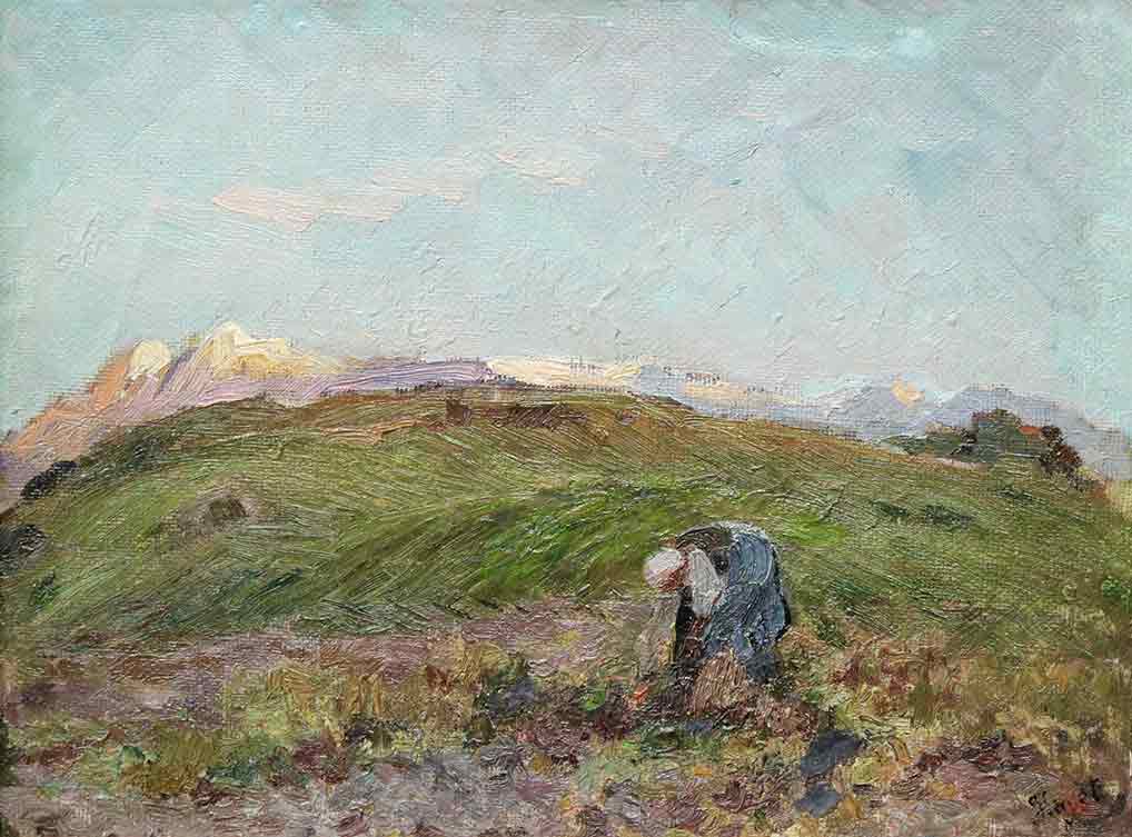 Peasant woman working in a field with snow-capped mountains in the distance.